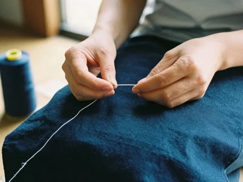 紺色の布に針を通す手
