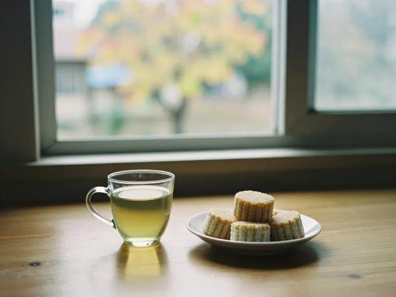 窓辺のテーブルに置かれたお茶と菓子